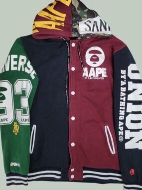 AAPE By A Bathing Ape Colorblock Varsity Hoodie Jacket Multi Graphic Mens M